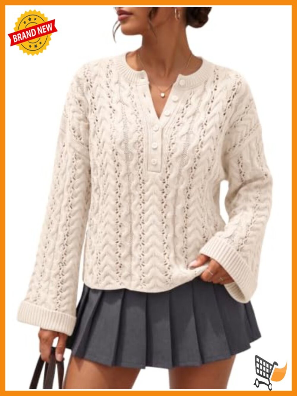 Womens Henley Cable Knit Cropped Fall Sweater Cotton Blend Button Neck Pullover